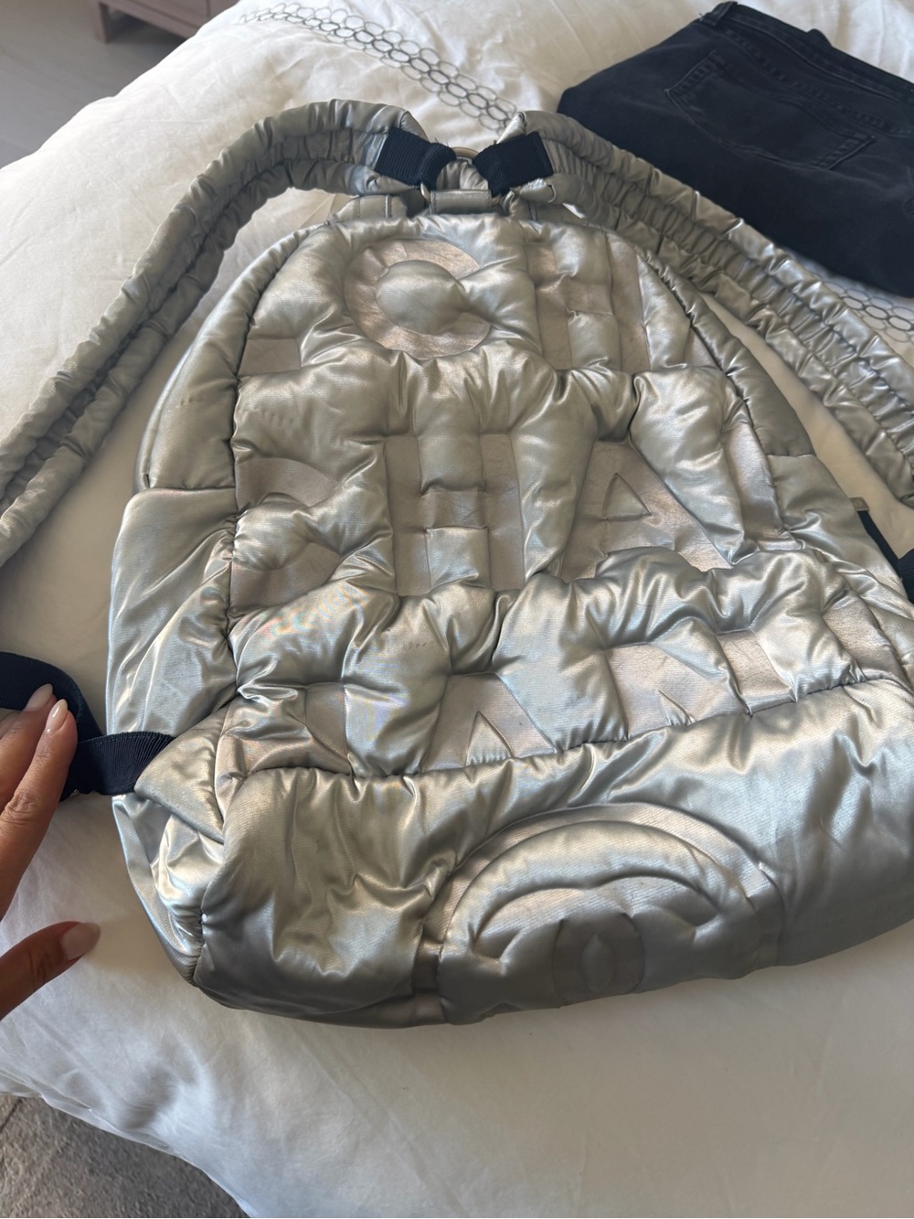 CHANEL Black and Silver Quilted Puffer Backpack